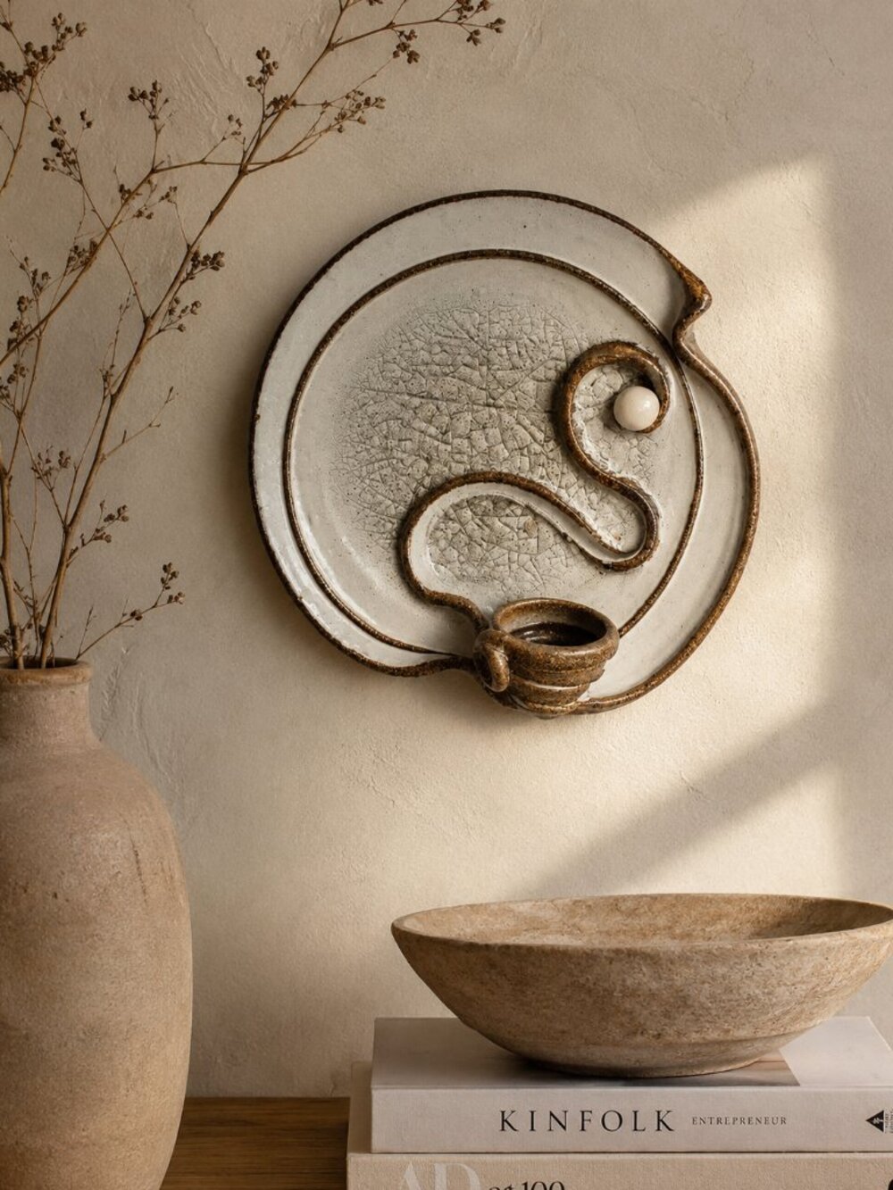 Vintage Signed Studio Pottery Wall Hanging Plaque 8” Crackle Glaze Ceramic Art